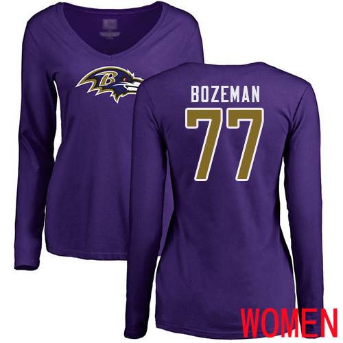 Baltimore Ravens Purple Women Bradley Bozeman Name and Number Logo NFL Football #77 Long Sleeve T Shirt->women nfl jersey->Women Jersey